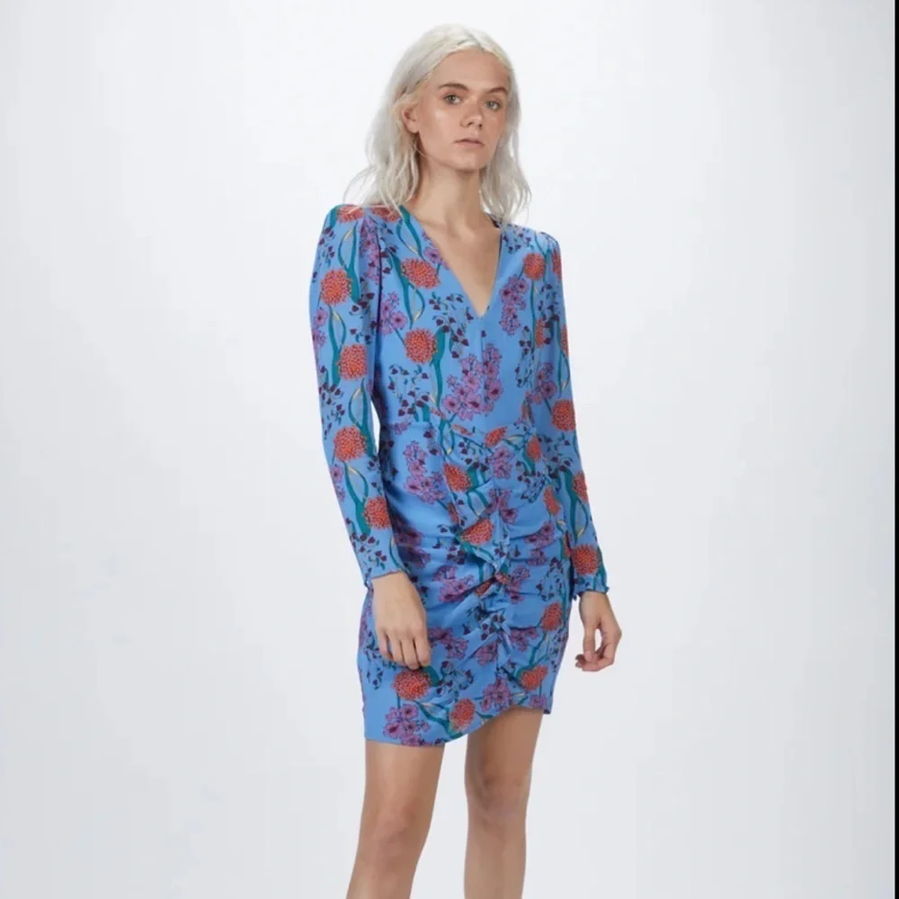 EU ASTR Ruffle Front Blue Floral Long Sleeve Mini Dress - Picture 4 of 12